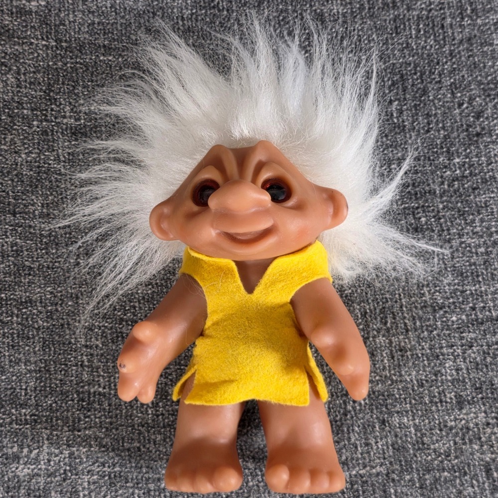 Vintage 1977 Thomas Dam Troll Doll White Hair Made in Denmark Yellow Tunic